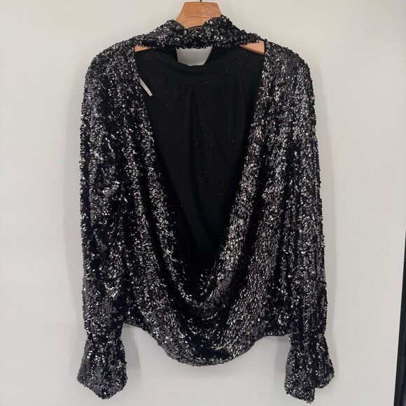 Free People moonstruck Sequin Long Sleeve Blouse  Open Back bell sleeve size XL - Picture 10 of 10